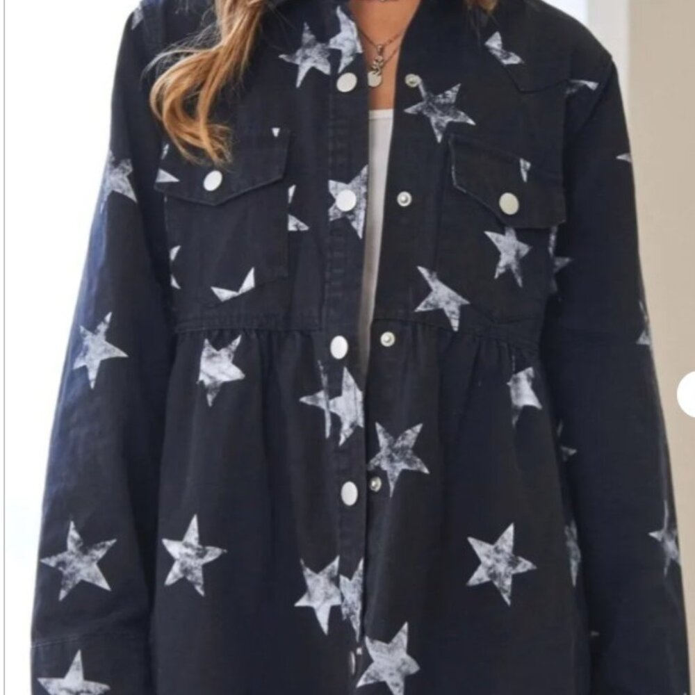 NWT Miss Sparkling Black White Star Shirt Jacket Shacket Silver Snaps XL